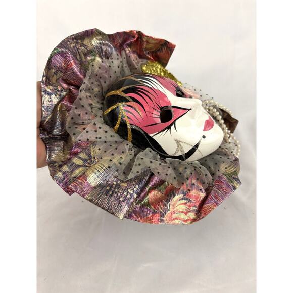 Vintage 1980s Mardi Gras Wall Mask 8" Pink Style Wall Hanging Decor Fabric - Picture 13 of 14